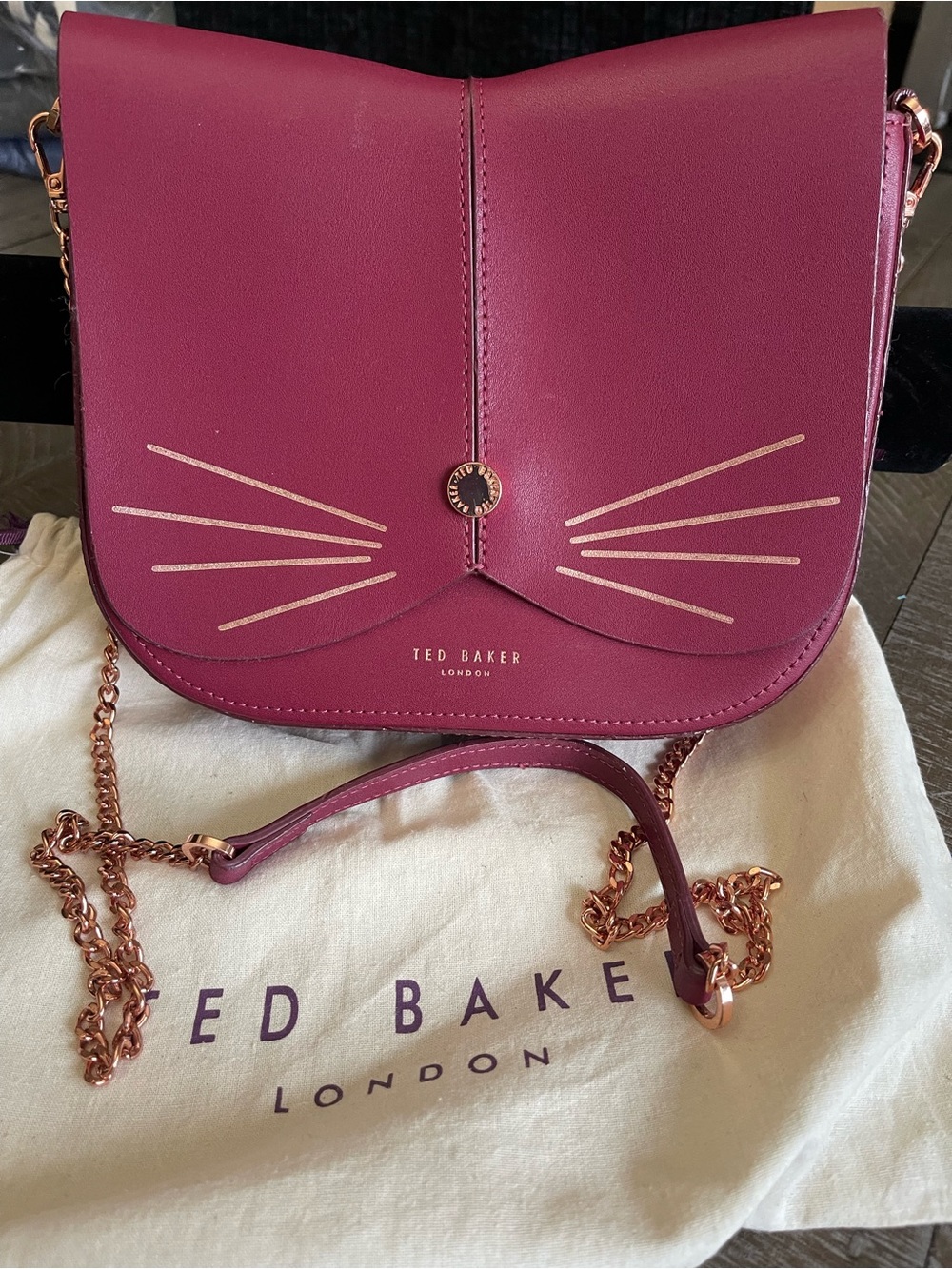 Ted Baker Rose-Purple Crossbody Kirstie Cat Bag with Rose Gold Accents
